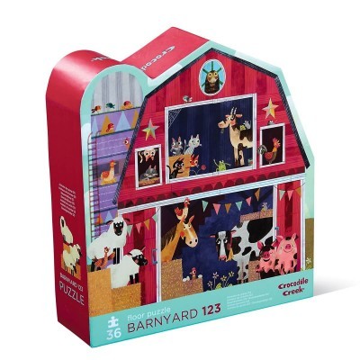 Caixa de puzzle Barnyard 123 com 36 peças e ilustração colorida de animais de fazenda.