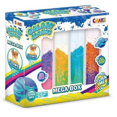Kit Galaxy Magic Mega-Box com frascos de partículas coloridas e embalagem ilustrada