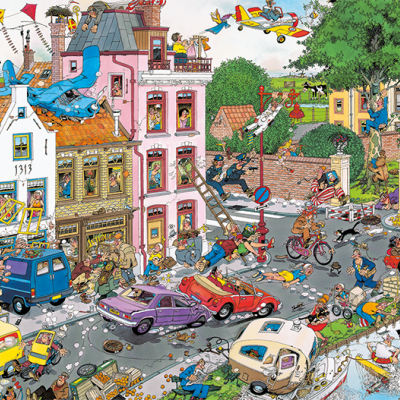 Ilustração de uma rua movimentada e colorida com casas, carros, bicicletas e pessoas.