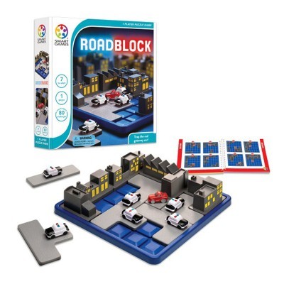 Jogo de puzzle ROADBLOCK com peças de prédios e carros em tabuleiro azul