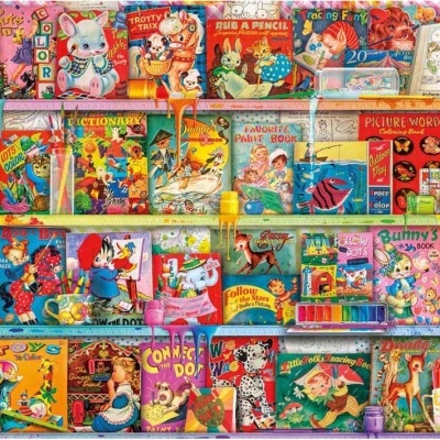 Prateleiras com capas de livros infantis antigos coloridos e respingos de tinta