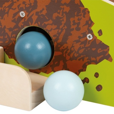 Jogo em madeira com bolas azul claro e azul petróleo e caixa colorida