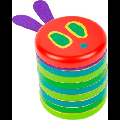 Boneca empilhável de madeira colorida com orelhas roxas de feltro