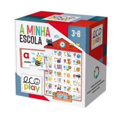 Caixa do produto educativo 'A MINHA ESCOLA' com alfabeto colorido e logotipo eco play