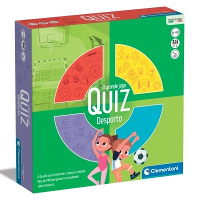 Embalagem do jogo O grande jogo QUIZ Desporto da Clementoni com ilustrações de crianças e ícones desportivos