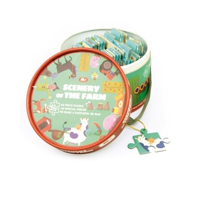 Caixa redonda de puzzle com tema de quinta e animais