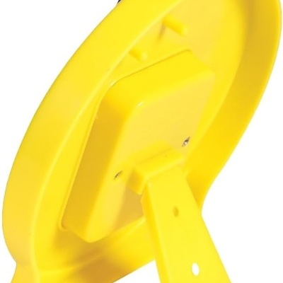 Relógio de secretária amarelo com suporte integrado e ponteiro azul, visto de trás