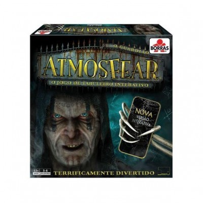 Embalagem do jogo de tabuleiro Atmosfear com rosto assustador e mãos segurando telemóvel