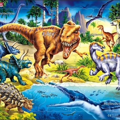 Puzzle colorido da LARSEN com dinossauros variados em ambiente pré-histórico