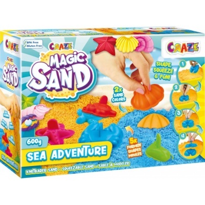 Caixa do produto Craze Magic Sand Sea Adventure com areia azul e laranja e formas plásticas de animais e objetos do mar