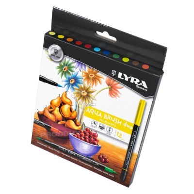 conjunto de 12 canetas de aguarela LYRA Aqua Brush duo com flores coloridas e frutas num fundo branco e preto