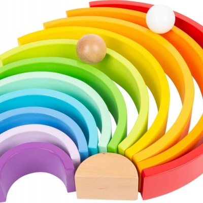 Arco-íris de brinquedo de madeira colorido com 10 arcos e duas bolas