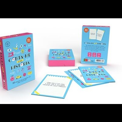 Jogo de cartas Conta-me a História em caixa azul e cor-de-rosa com cartas