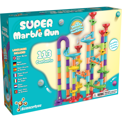 Caixa colorida do Super Marble Run com 113 peças e imagem do brinquedo montado em plástico colorido.