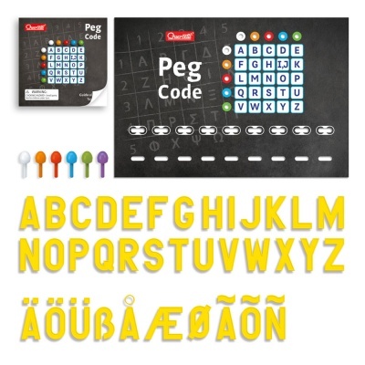 Jogo educativo Peg Code com letras do alfabeto em amarelo e peças coloridas sobre fundo preto