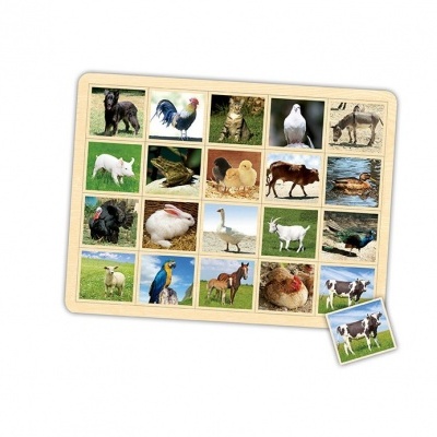 Jogo de memória com cartões ilustrados com fotos de animais de fazenda