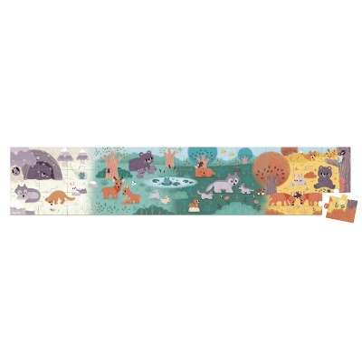 Faixa decorativa mural com animais da floresta em estilo cartoon e cores suaves.