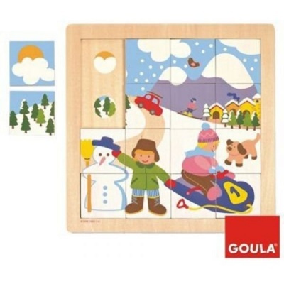 Quebra-cabeças de madeira infantil de inverno com crianças e boneco de neve