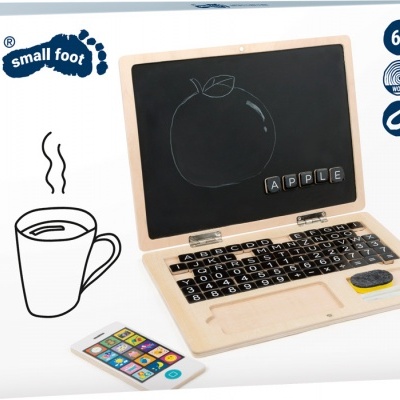 brinquedo portátil de madeira com teclado e ecrã