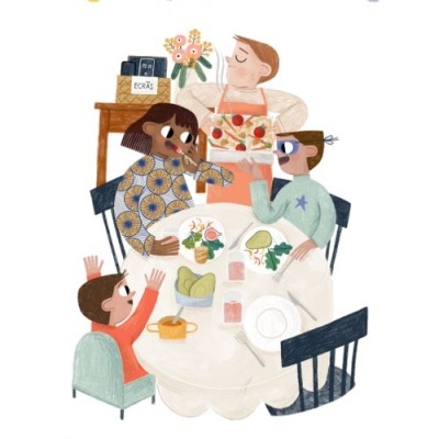 Ilustração de família a jantar com texto em português sobre atenção plena