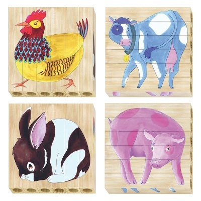 Quebra-cabeças de madeira com animais galinha, vaca, coelho e porco