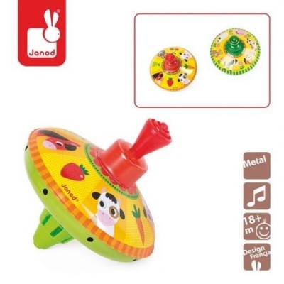 Piões de brinquedo coloridos em metal com desenhos de animais e frutas