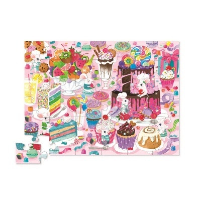 Puzzle com ilustração colorida de doces e ratinhos sobre fundo rosa.