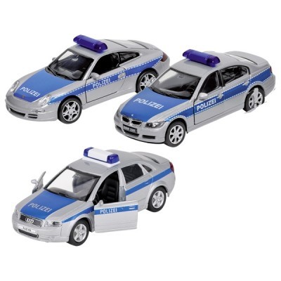 Três carros de polícia em miniatura cinzentos e azuis com luzes no teto e inscrições POLIZEI