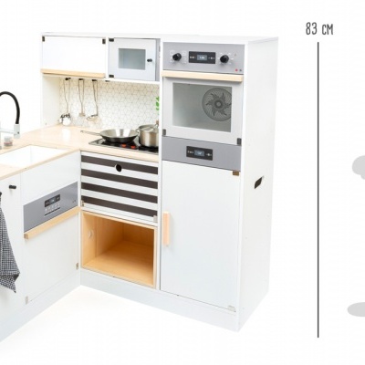 Conjunto de cozinha infantil em madeira com lavadora, pia, armários e utensílios