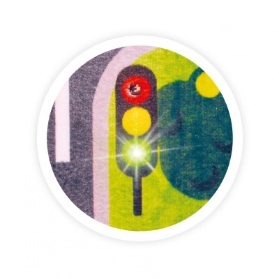 Ilustração circular de semáforo com luz verde acesa e fundo colorido