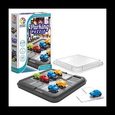 Jogo Parking Puzzle com tabuleiro cinza e carros coloridos em plástico e embalagem box.