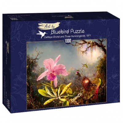 Caixa de puzzle azul com imagem de orquídea rosa e beija-flores