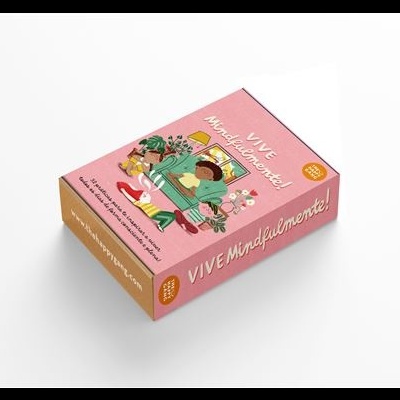 Caixa cor-de-rosa com ilustração e texto Vive Mindfulmente