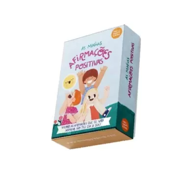 Caixa colorida com ilustrações de crianças e texto de afirmações positivas
