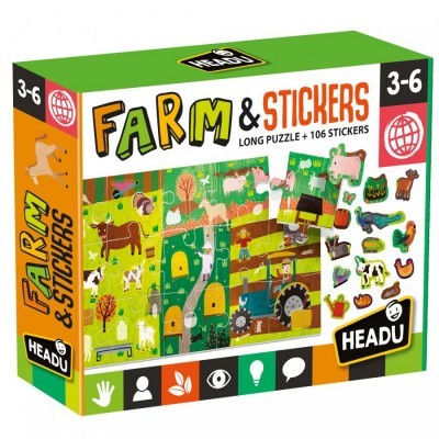 Caixa colorida de puzzle e autocolantes FARM & STICKERS da Headu para crianças de 3 a 6 anos