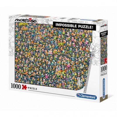 Quebra-cabeças Mordillo de 1000 peças com padrão multicolorido denso, embalagem branca.
