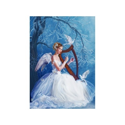 Pintura de mulher com asas de anjo tocando harpa entre pombas em fundo azul