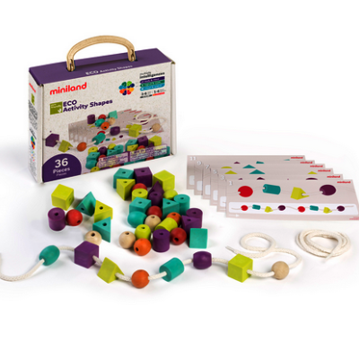 Conjunto de peças de madeira coloridas para atividades de enfiar com embalagem Miniland ECO Activity Shapes