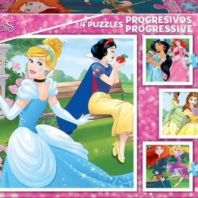 Caixa rosa de puzzle com 4 puzzles progressivos Disney Princess com personagens e número de peças
