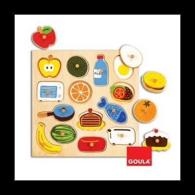 Puzzle de madeira com peças de alimentos coloridos destacados.