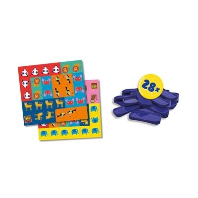 Três tabuleiros com desenhos de animais e peças de jogo azuis empilhadas