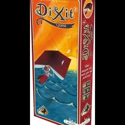 Caixa do jogo de tabuleiro Dixit Quest com ilustração colorida e texto informativo