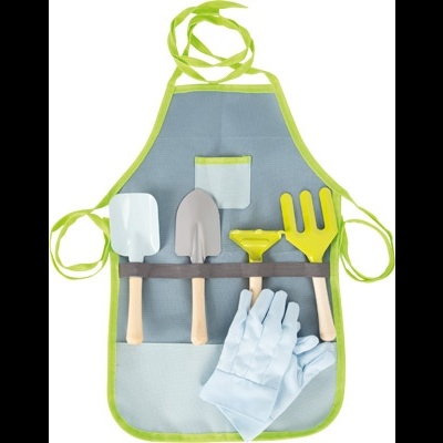 Avental de jardinagem cinzento com bordas verdes e pequenas ferramentas de mão com cabos de madeira e uma luva