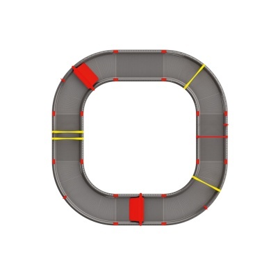 Pista de corridas de brinquedo cinzenta com detalhes vermelhos e amarelos em fundo branco