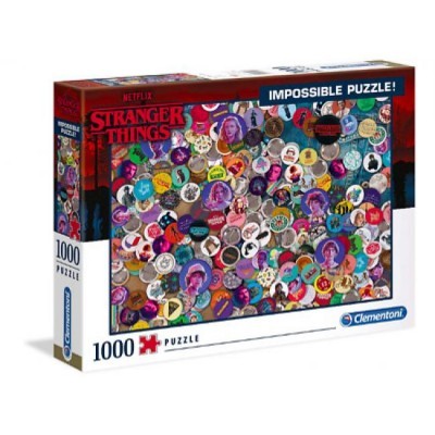 Caixa de puzzle Stranger Things com 1000 peças, predominância de círculos coloridos e texto 'IMPOSSIBLE PUZZLE!'