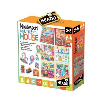Embalagem colorida do jogo Montessori My Little House da Headu com imagens de uma casa desenhada e texto informativo