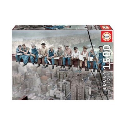 Caixa de puzzle EDUCA com 1500 peças mostrando homens sentados numa viga de aço sobre a cidade.