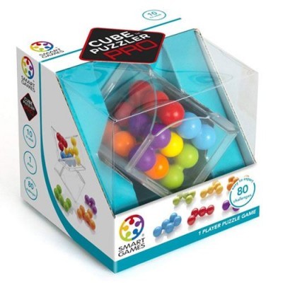 Jogo de puzzle Cube Puzzler Pro com peças coloridas em embalagem transparente e base azul