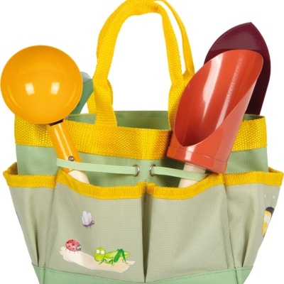 Bolsa de jardinagem verde e amarela com ferramentas de jardinagem coloridas