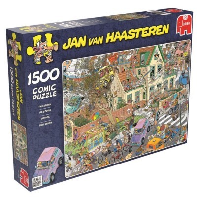 Caixa de puzzle 1500 peças Jan van Haasteren com imagem de rua movimentada em estilo comic.